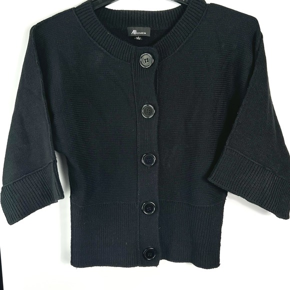 AB Studio Sweaters - AB Studio Womens S Black Button Front Knit Cardigan Sweater Cropped 3/4 Sleeve